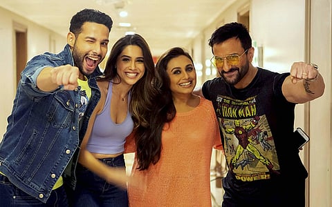 Bollywood actors Saif Ali Khan Rani Mukerji Siddhant Chaturvedi and debutant Sharvari pose for a photograph after shooting for the film 'Bunty Aur Babli 2' in Mumbai. (File Photo | PTI)