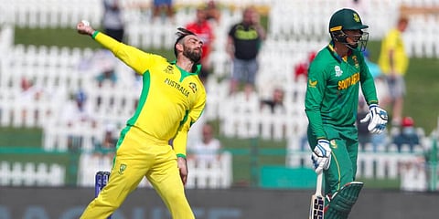 Glenn Maxwell bowls during the Cricket Twenty20 World Cup match between South Africa and Australia. (Photo | AP)