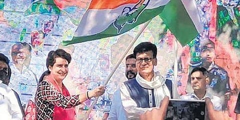 Priyanka Gandhi flags off ‘Pratigya Yatra’ in UP’s Barabanki on Saturday. (Photo | PTI)