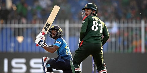 Pathum Nissanka of Sri Lanka plays a shot during the T20 World Cup match against Bangladesh at Sharjah. (Photo| ANI)