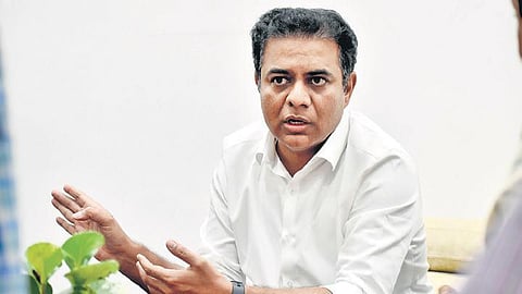 TRS working president and Minister KT Rama Rao speaks to the media at Telangana Bhavan in Hyderabad. (Photo | S Senbagapandiyan, EPS)