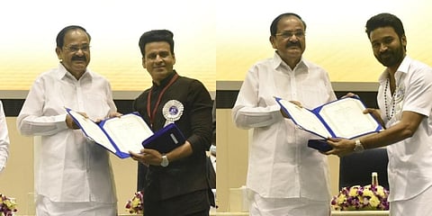 Actor Manoj Bajpayee (left) and Actor Dhanush (Right) receive the national award from vice president Venkaiah Naidu. (Photo | EPS/Shekhar Yadav)