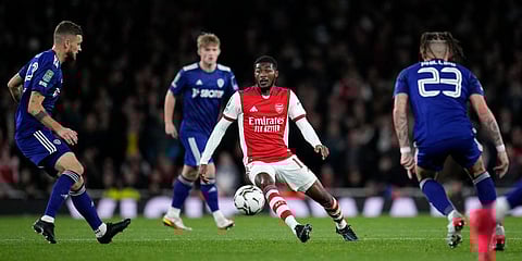 Arsenal's Ainsley Maitland-Niles controls the ball during the English League Cup round of 16 match against Leeds United. (Photo | AP)