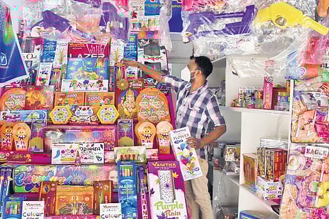 A firecracker shop in Thiruvananthapuram. Traders hope sale of crackers will pick up during Deepawali | B P Deepu