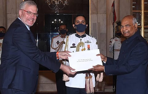 Israel's new Ambassador to India, Naor Gilon, presents his credential to President Kovind. (Photo | Naor Gilon, Twitter)