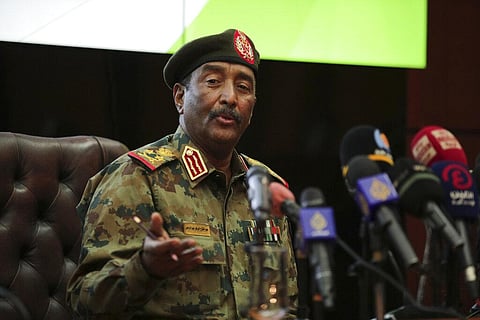 Sudan's head of the military, Gen. Abdel-Fattah Burhan, speaks during a press conference at the General Command of the Armed Forces in Khartoum, Sudan, Tuesday. (Photo | AP)