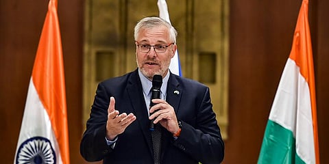 New Delhi: Israel's new Ambassador Naor Gilon addresses the media in New Delhi, Thursday, Oct. 28, 2021. (Photo | PTI)