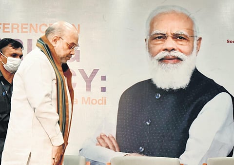 Amit Shah at a conference on PM Modi’s two decades of public service. (Photo | Shekhar Yadav, EPS)