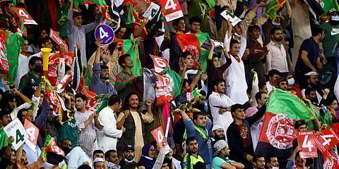Afghanistan fans cheer during the T20 World Cup cricket match against Pakistan in Dubai. (Photo| ANI)