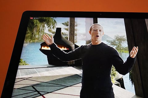 Seen on the screen of a device in Sausalito, Calif., Facebook CEO Mark Zuckerberg delivers the keynote address during a virtual event on Thursday, Oct. 28, 2021. (Photo | AP)