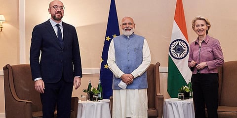 PM Narendra Modi (C) with European Council President Charles Michel (L) and European Commission President Ursula von der Leyen (R). (Photo| Twitter)