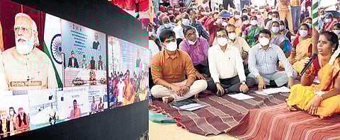 Prime Minister Narendra Modi addresses residents of Velleri panchayat and five other villages in a virtual meet on Saturday | Express