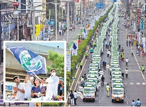 Chief Minister YS Jagan Mohan Reddy (inset) flags off 4,097 garbage vehicles at Benz Circle in Vijayawada on Saturday as part of CLAP. (Photo | Prashant Madugula, EPS)