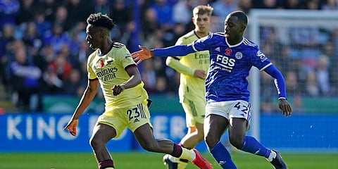 Arsenal's Albert Sambi Lokonga (L)and Leicester City's Boubakary Soumare battle for the ball, during a Premier League match in Leicester. (Photo| AP)