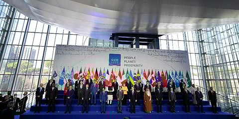 World leaders pose for a group photo at the La Nuvola conference center for the G20 summit in Rome, Saturday, Oct. 30, 2021. (Photo | AP)