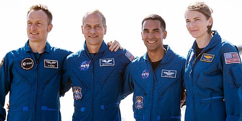 From left, European Space Agency astronaut Matthias Maurer of Germany, and NASA astronauts Tom Marshburn, Raja Chari, and Kayla Barron pose for a photo at Kennedy Space Center. (Photo | AP)