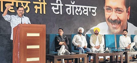 AAP chief Arvind Kejriwal addresses during a program organised to meet the traders and businessmen in Bathinda on Friday. (Photo | PTI)