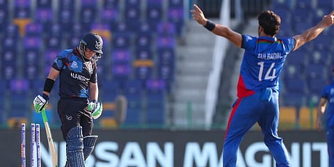Namibia's Nicole Loftie-Eaton, left, reacts after he was dismissed by Afghanistan's Gulbadin Naib, right, during their ICC T20 World Cup match in Abu Dhabi, UAE, Oct 31, 2021. (Photo | AP)
