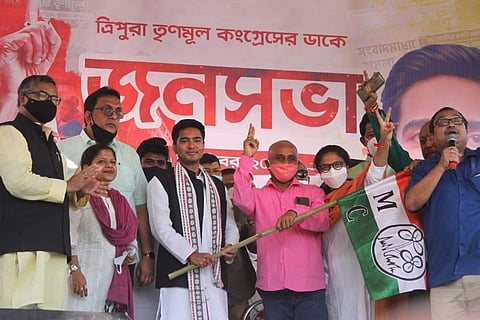 Trinamool Congress General Secretary Abhishek Benarjee during a public rally in Agartala. (Photo | PTI)