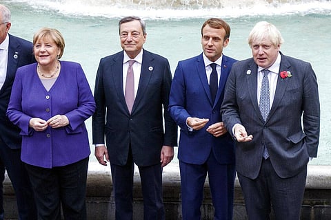 From left, German Chancellor Angela Merkel, Italian Premier Mario Draghi, French President Emmanuel Macron and British PM Boris Johnson during a G20 summit event. (Photo | AP)