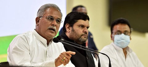Chhattisgarh CM Bhupesh Baghel addresses a press conference at AICC in New Delhi. (Photo | Shekhar Yadav, EPS)