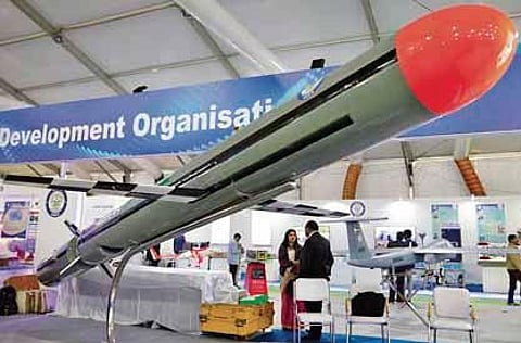 A model of long range land attack cruise missile at a defence expo