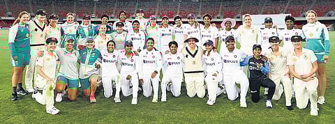 India and Australia teams at the end of the pink-ball Test in Gold Coast Sunday. (Photo | CA)