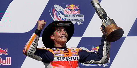 Spain's Marc Marquez celebrates his win at the MotoGP Grand Prix in Austin. (Photo| AP)