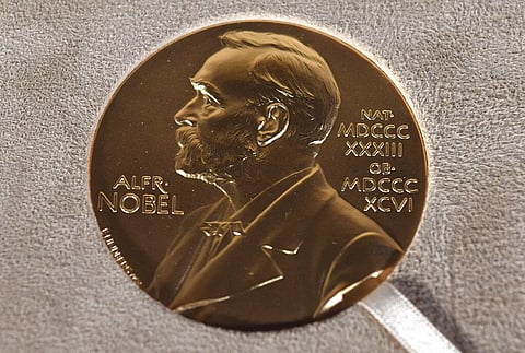 Nobel medal displayed during a ceremony in New York. (Photo | AP)