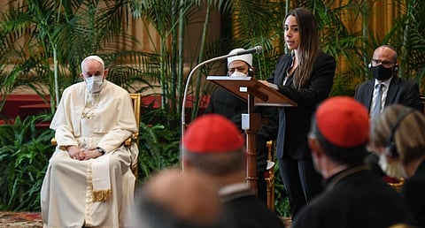 ope Francis (L) and other religious leaders listen to a participant's speech during the meeting 'Faith and Science: Towards COP26'. (Photo | AFP)