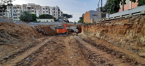 A shot of the incomplete underpass near Jnanabharathi Metro station where work has come to a complete standstill (Photo | Express)