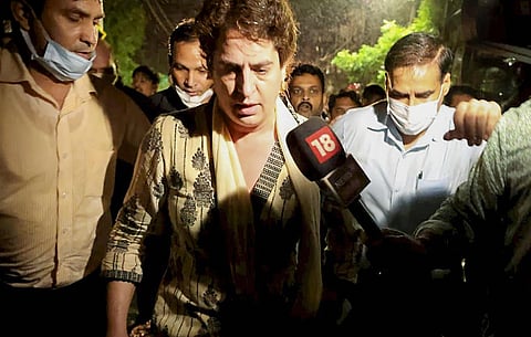 Congress general secretary Priyanka Gandhi Vadra and other party leaders reach to meet the victims of the violence that erupted during a farmers' protes in Lakhimpur Kheri. (Photo | PTI)