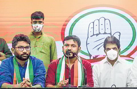 Former CPI member Kanhaiya Kumar speaks to media after joining Congress in New Delhi on Tuesday, Sept 28, 2021. (Photo | PTI)