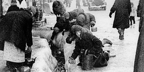This file photo, taken in the winter months of 1942, shows citizens of Leningrad as they dig up water from a broken main, during the 900-day siege of the Russian city by German invaders. (Photo | AP)