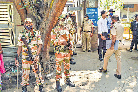 Security personnel outside the Rohini court, a day after the shooting incident took place (Photo | PTI)