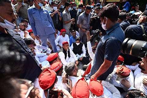 Akhilesh Yadav sits on a dharna against the Lakhimpur Kheri incident that killed at least eight people. (Photo | Akhilesh Yadav, Twitter)