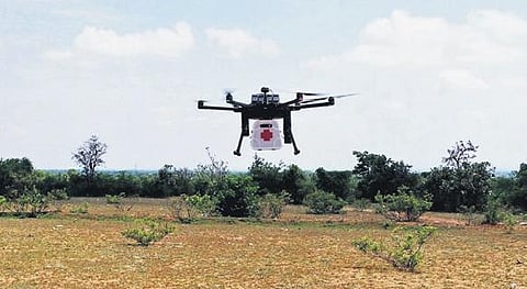 An Airserve Initiatives drone being tested for the delivery of vaccines, in Vikarabad on Wednesday. (Photo| EPS)