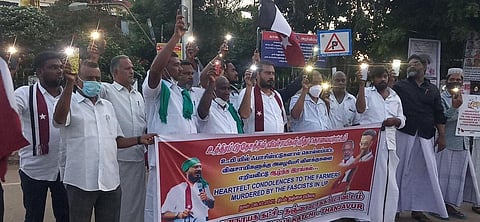 Farmers participating in a mobile torch vigil organised by the MJK in Thanjavur against the deaths of farmers in Lakhimpur Kheri (Photo Express)