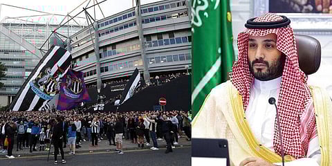 Newcastle United supporters celebrate outside St. James' Park in Newcastle Upon Tyne, England (L) and Saudi Crown Prince Mohammed bin Salman (R) (Photos | AP)