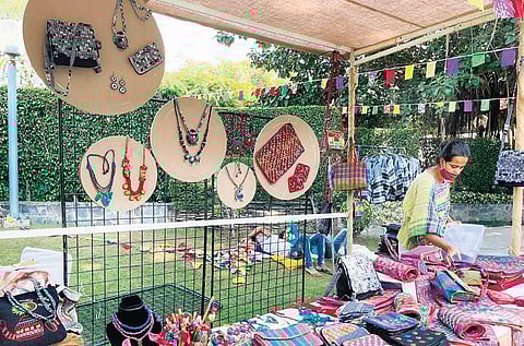 Kalpana Das sells masks and rakhis out of gamcha. (Photo| EPS)