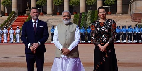Danish PM Mette Frederiksen (R) with PM Narendra Modi (C) at the Rashtrapati Bhavan. (Photo| Twitter/ @MEAIndia)