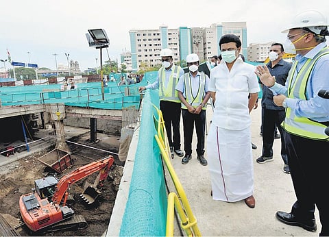 Chief Minister MK Stalin inspects the works on the Chennai Central Square project on Friday | Express
