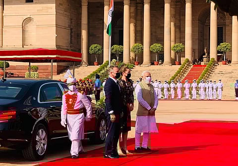 Indian PM Narendra Modi with his Denmark counterpart Mette Frederiksen (Photo | Twitter/@Statsmin)