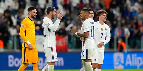 France's Theo Hernandez, second left, and France's Kylian Mbappe celebrate with others at the end of the UEFA Nations League semifinal. (Photo | AP)