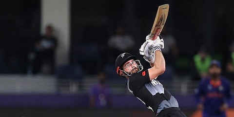 New Zealand's captain Kane Williamson hits a boundary during the Cricket Twenty20 World Cup match between New Zealand and India in Dubai, UAE, Sunday, Oct. 31, 2021. (Photo | AP)
