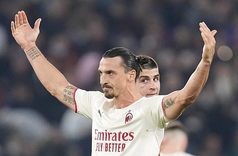 AC Milan's Zlatan Ibrahimovic celebrates after scoring his side's opening goal during the Series A soccer match between Roma and AC Milan. (Photo | AP)