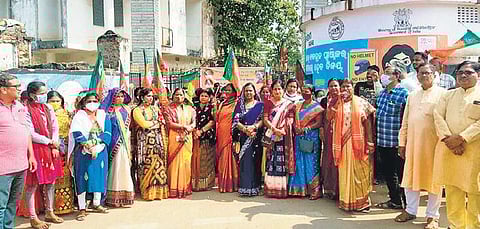 BJP workers staging protest outside municipality office in Balasore town. (Photo | Express)