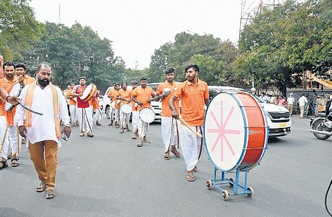 Dappu artistes participate in a rally organised by the BJP SC Morcha demanding implementation of Dalit Bandhu across the State. (Photo | RVK Rao)