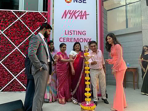 Nykaa top brass including Falguni Nayar and investor Katrina Kaif at the listing ceremony. (Photo | Twitter)