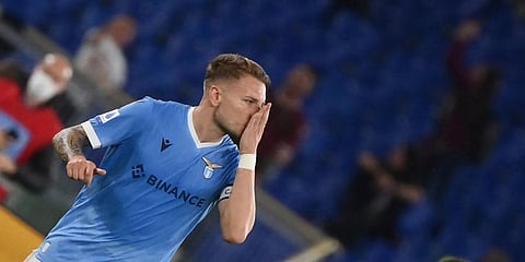 Lazio's Ciro Immobile celebrates after scoring his side's first goal during the Italian Serie A football match between Lazio and Salernitana at the Olympic stadium in Rome, Nov. 7 2021. (Photo | AP)